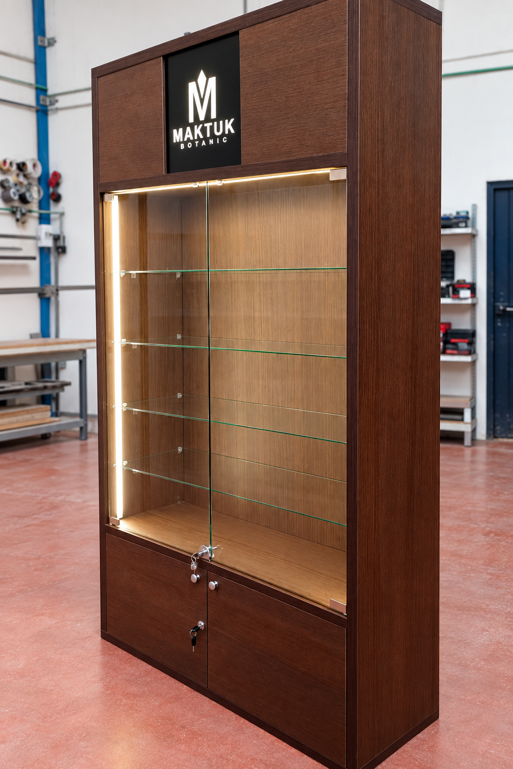 Vitrina expositora de madera para Maktuk Botanic en el taller de Contec PyO