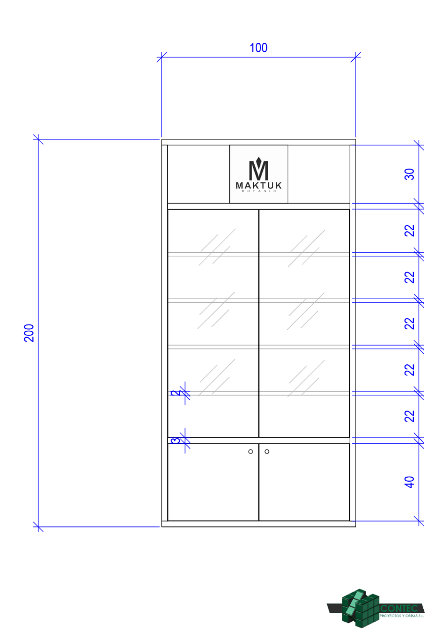 Plano de fabricación de la vitrina expositora Maktuk Botanic, 200 x 100 cm